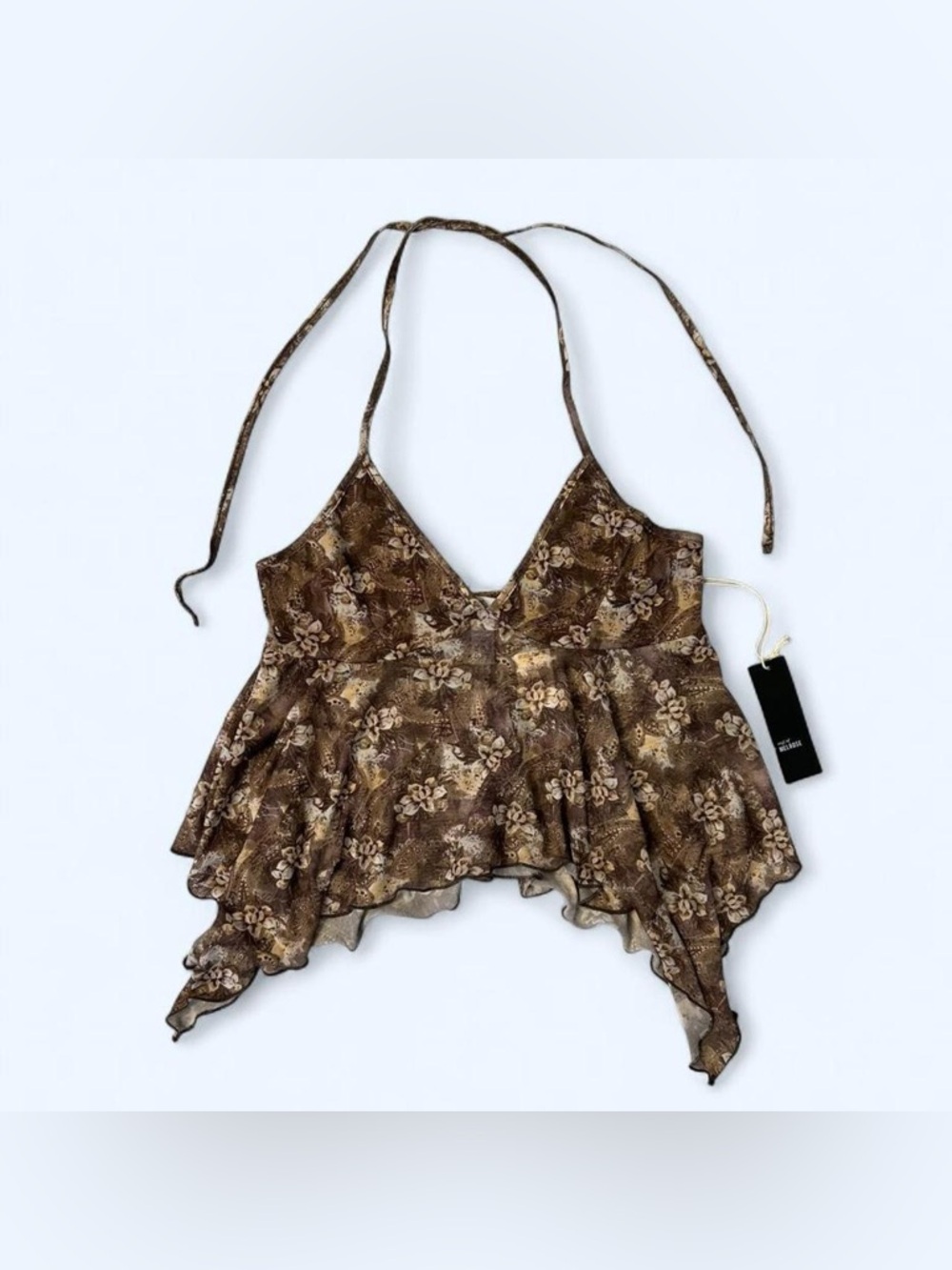 Brown Sheer Floral Print Asymmetrical Hem Cropped Halter Top by West of Melrose - Picture 2 of 8